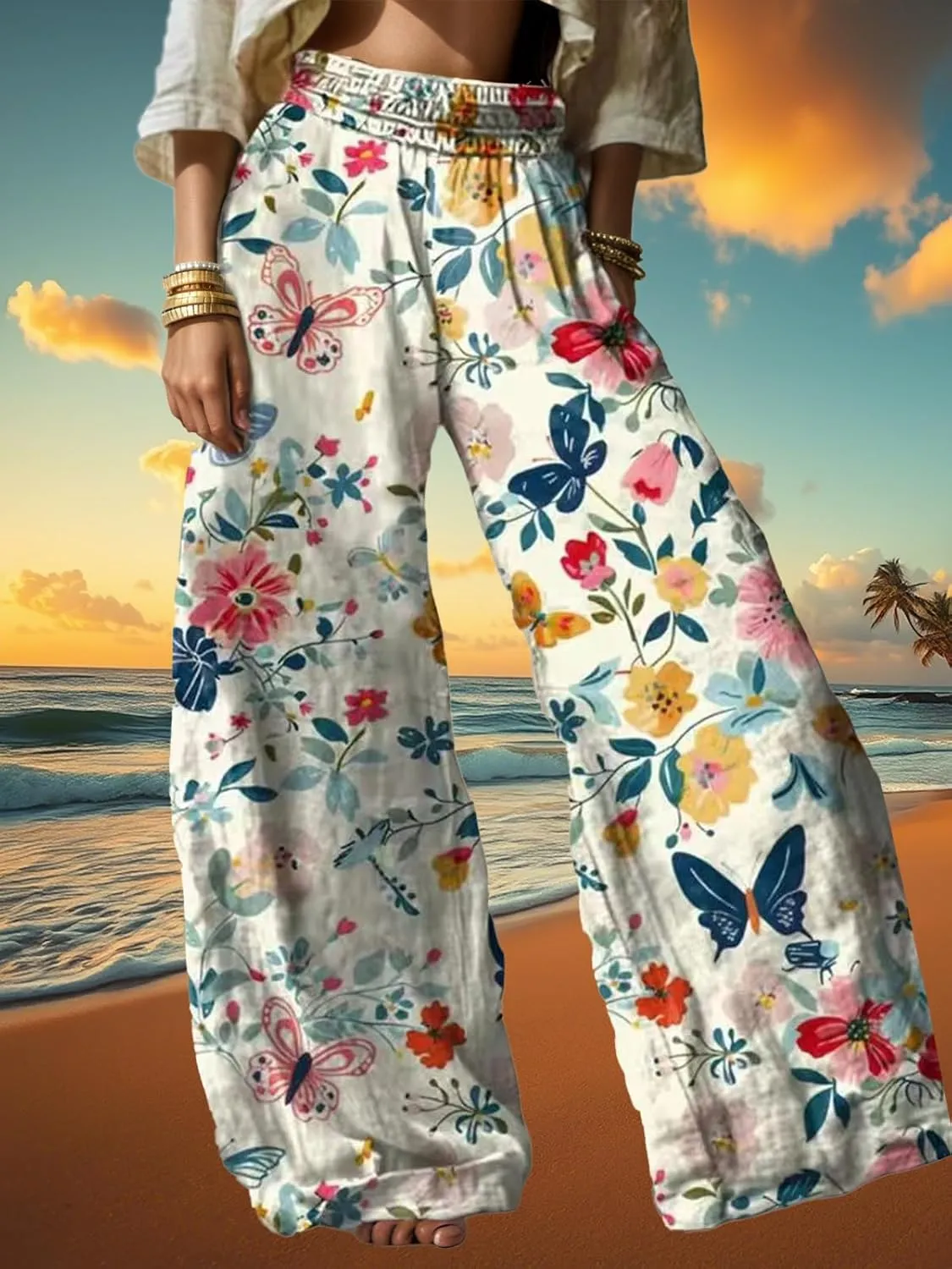 Linen Pants for Women Wide Leg High Elastic Waist Palazzo Pants Floral Summer Flowy Trousers with Pockets