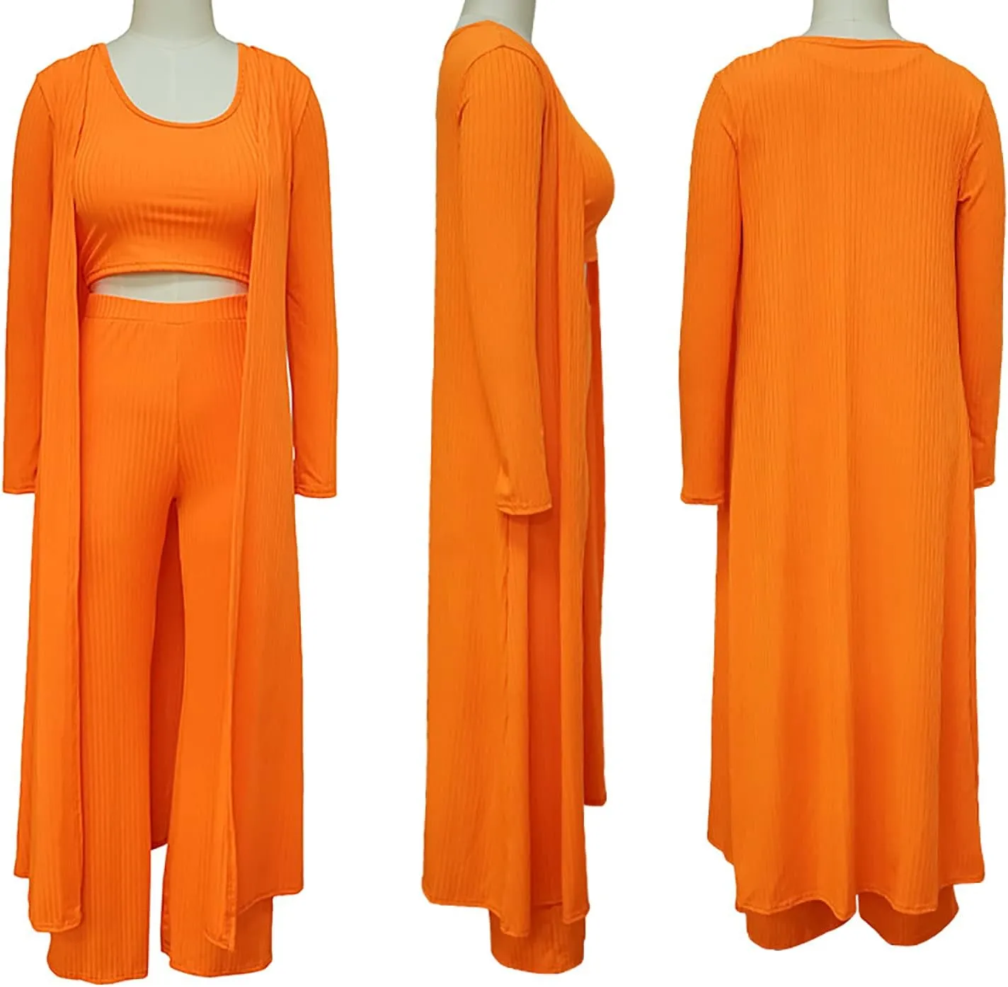 LKOUS 3 Piece Suit for Women's Solid Long Sleeve Open Front Long Coat and Crop Tank Top with Leggings Loungewear
