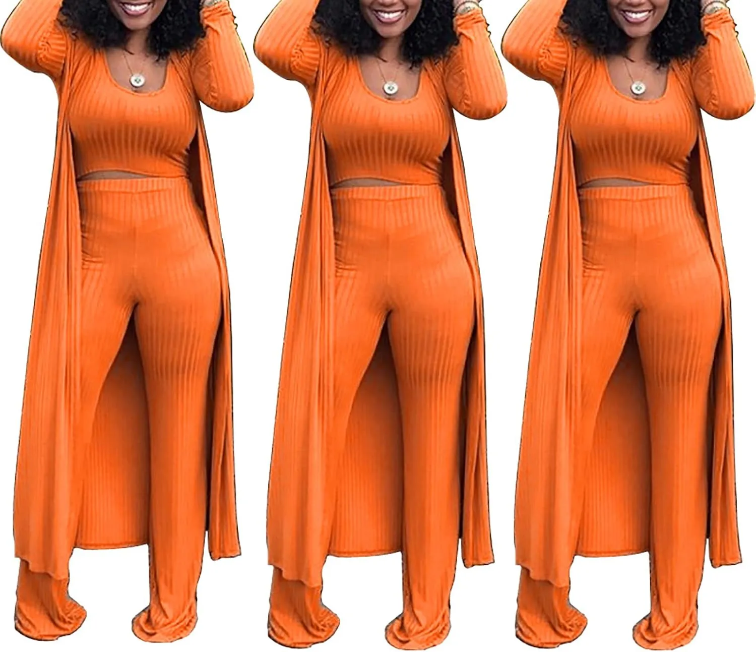 LKOUS 3 Piece Suit for Women's Solid Long Sleeve Open Front Long Coat and Crop Tank Top with Leggings Loungewear
