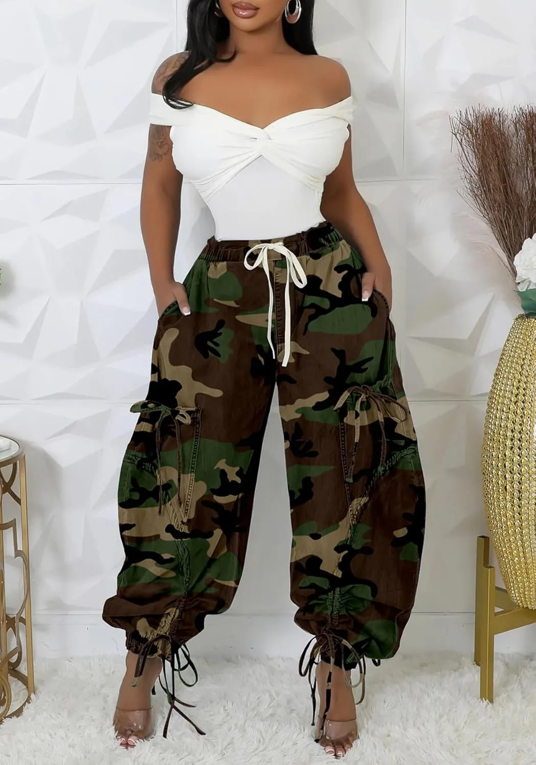 LKOUS Women's Fall Baggy Cargo Jeans,Wide Leg Drawstring Loose Harem Denim Pants with Pockets