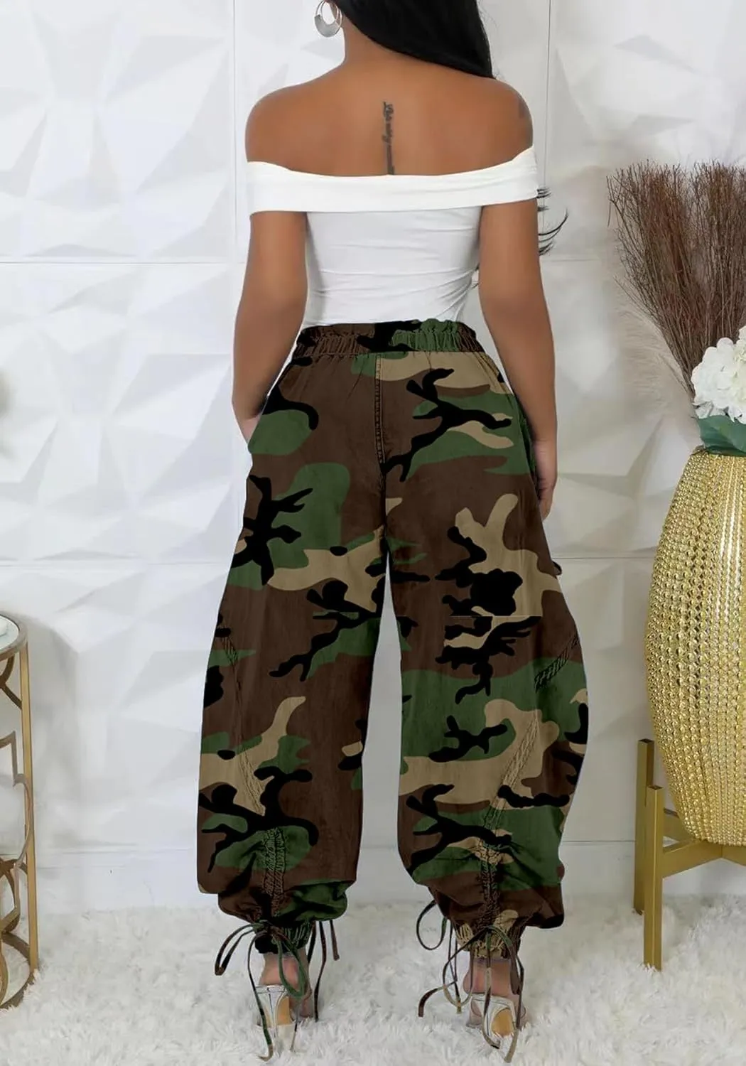 LKOUS Women's Fall Baggy Cargo Jeans,Wide Leg Drawstring Loose Harem Denim Pants with Pockets