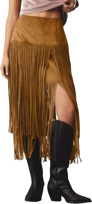 Locachy Womens Faux Suede Fringe Trim Midi Skirt Casual High Waist Bodycon Skirt