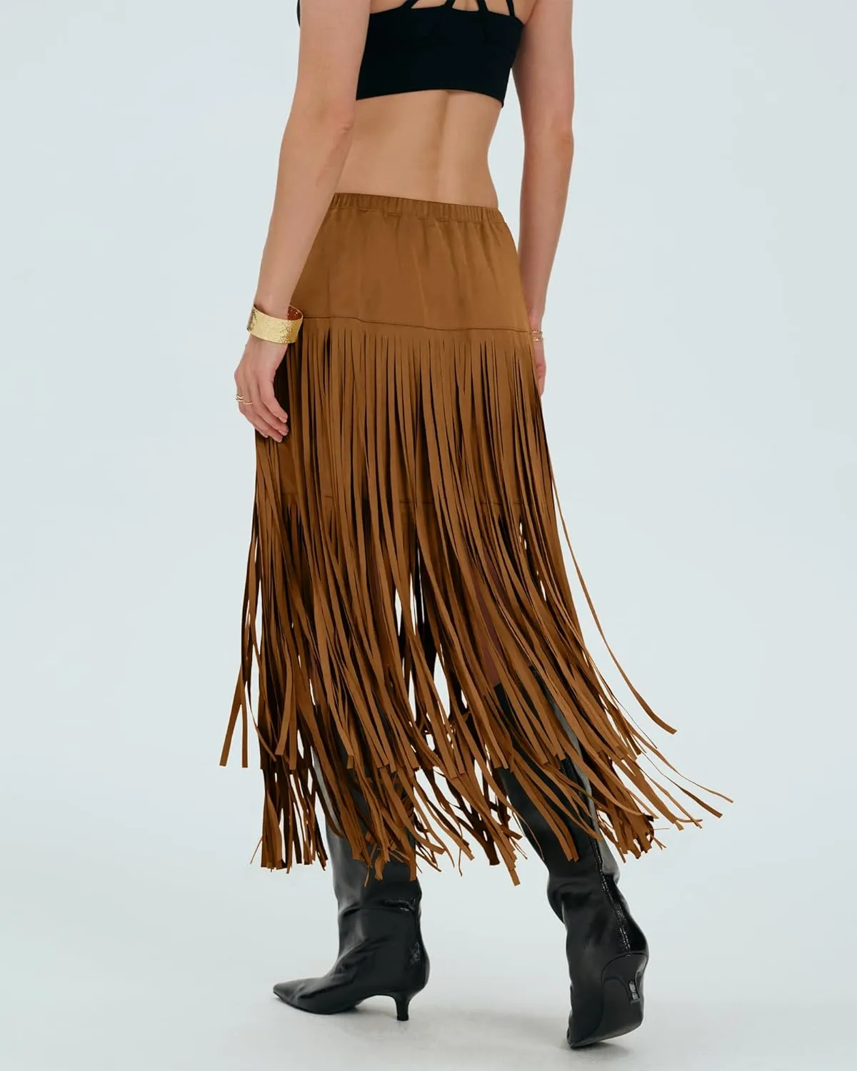 Locachy Womens Faux Suede Fringe Trim Midi Skirt Casual High Waist Bodycon Skirt