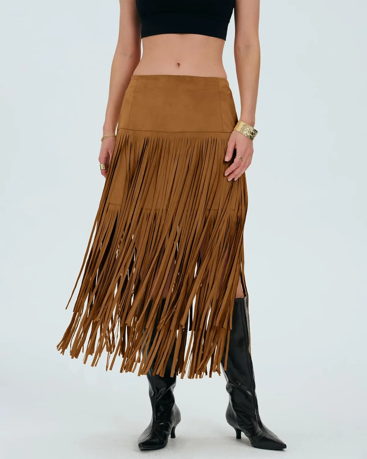 Locachy Womens Faux Suede Fringe Trim Midi Skirt Casual High Waist Bodycon Skirt