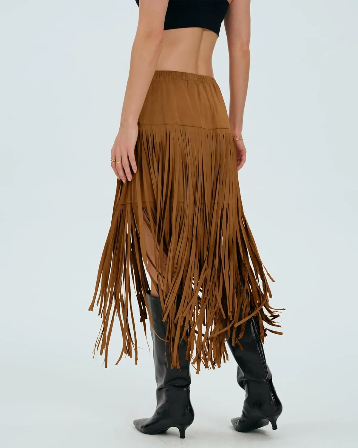 Locachy Womens Faux Suede Fringe Trim Midi Skirt Casual High Waist Bodycon Skirt