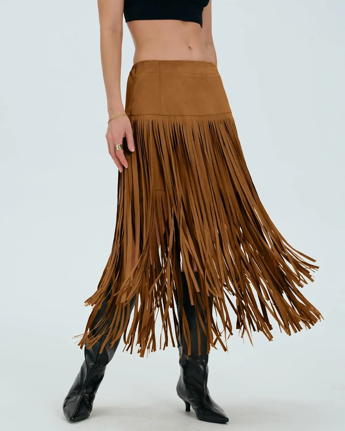 Locachy Womens Faux Suede Fringe Trim Midi Skirt Casual High Waist Bodycon Skirt