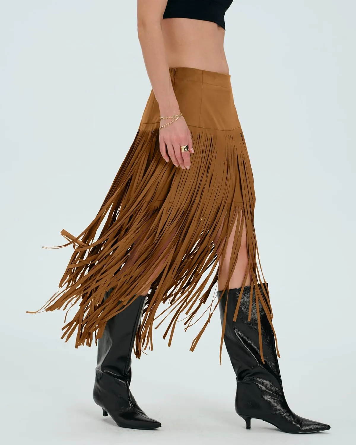 Locachy Womens Faux Suede Fringe Trim Midi Skirt Casual High Waist Bodycon Skirt