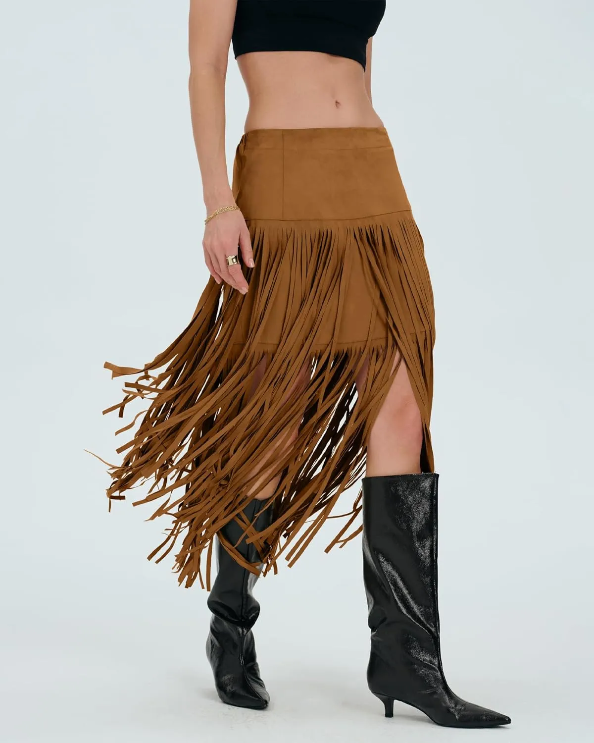 Locachy Womens Faux Suede Fringe Trim Midi Skirt Casual High Waist Bodycon Skirt