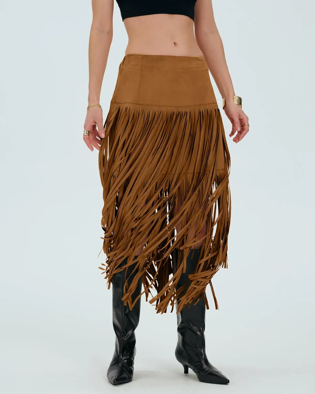 Locachy Womens Faux Suede Fringe Trim Midi Skirt Casual High Waist Bodycon Skirt