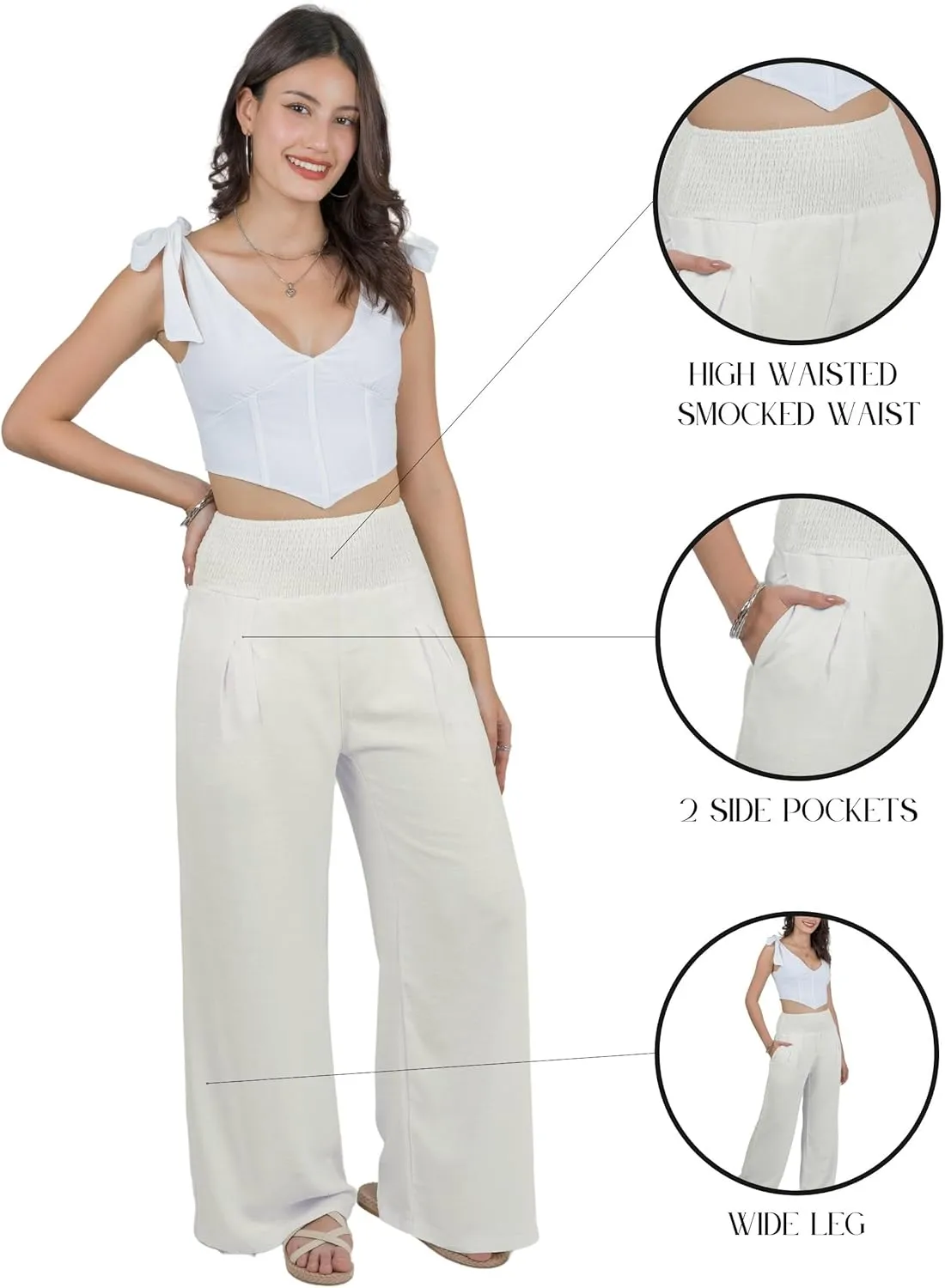 LOFBAZ Women Linen Palazzo Wide Leg Pants Flowy Lounge Casual High Waist Trousers Summer Beach Boho Long Pant with Pockets