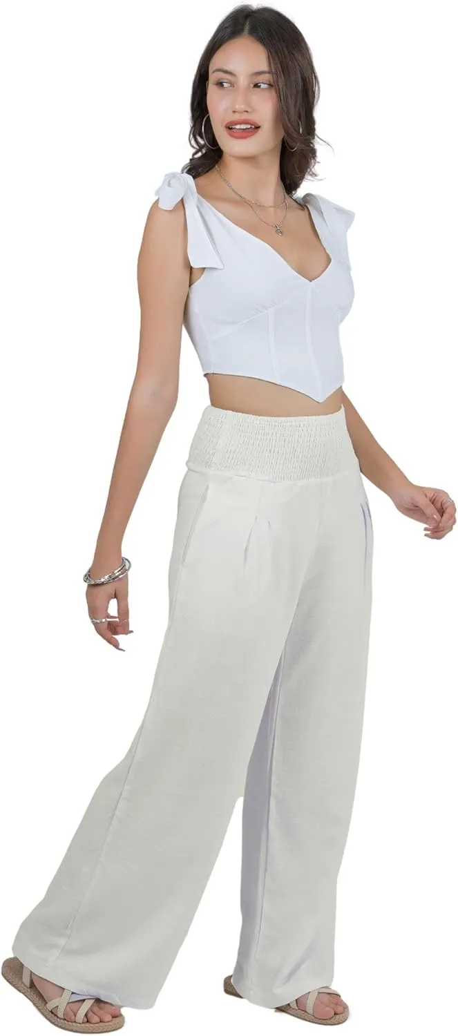 LOFBAZ Women Linen Palazzo Wide Leg Pants Flowy Lounge Casual High Waist Trousers Summer Beach Boho Long Pant with Pockets