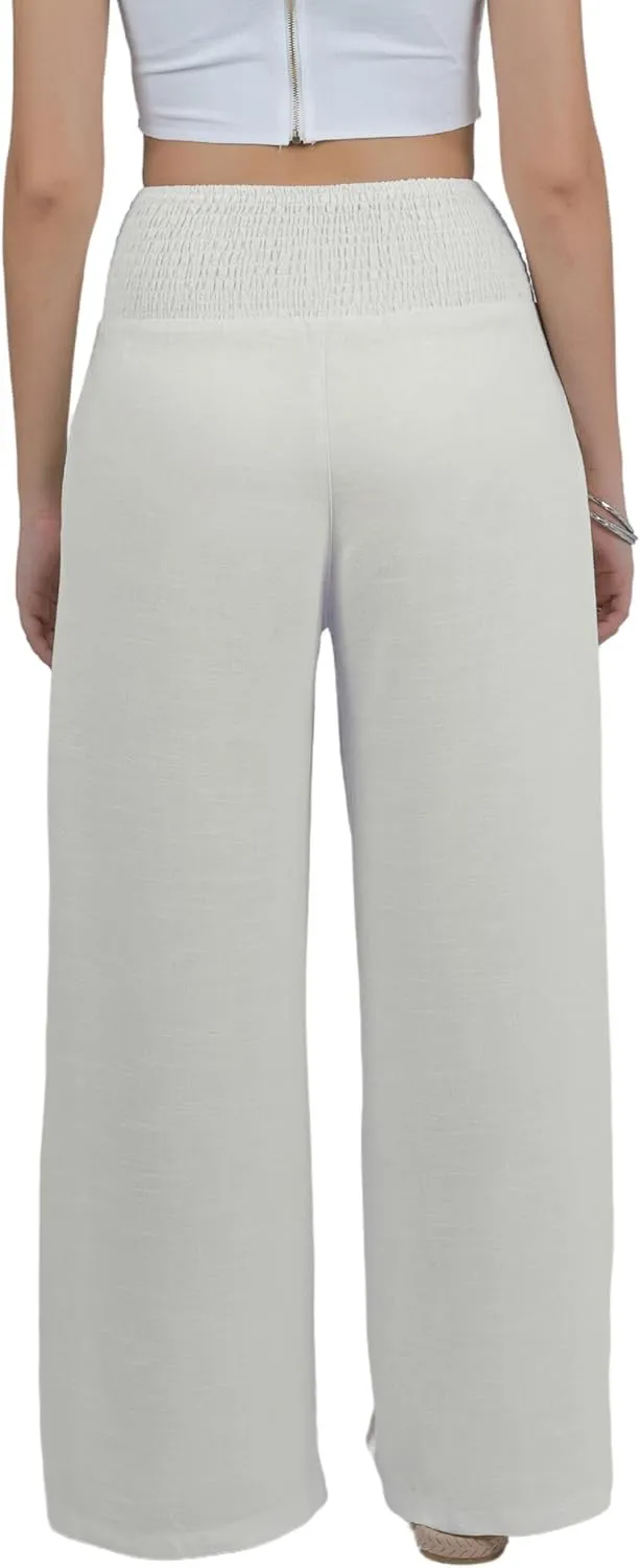 LOFBAZ Women Linen Palazzo Wide Leg Pants Flowy Lounge Casual High Waist Trousers Summer Beach Boho Long Pant with Pockets