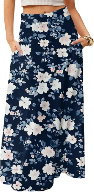 Long Skirts for Women Trendy Boho High Waisted Maxi Skirts with Pockets Floral Flowy Beach Vacation A Line Skirt