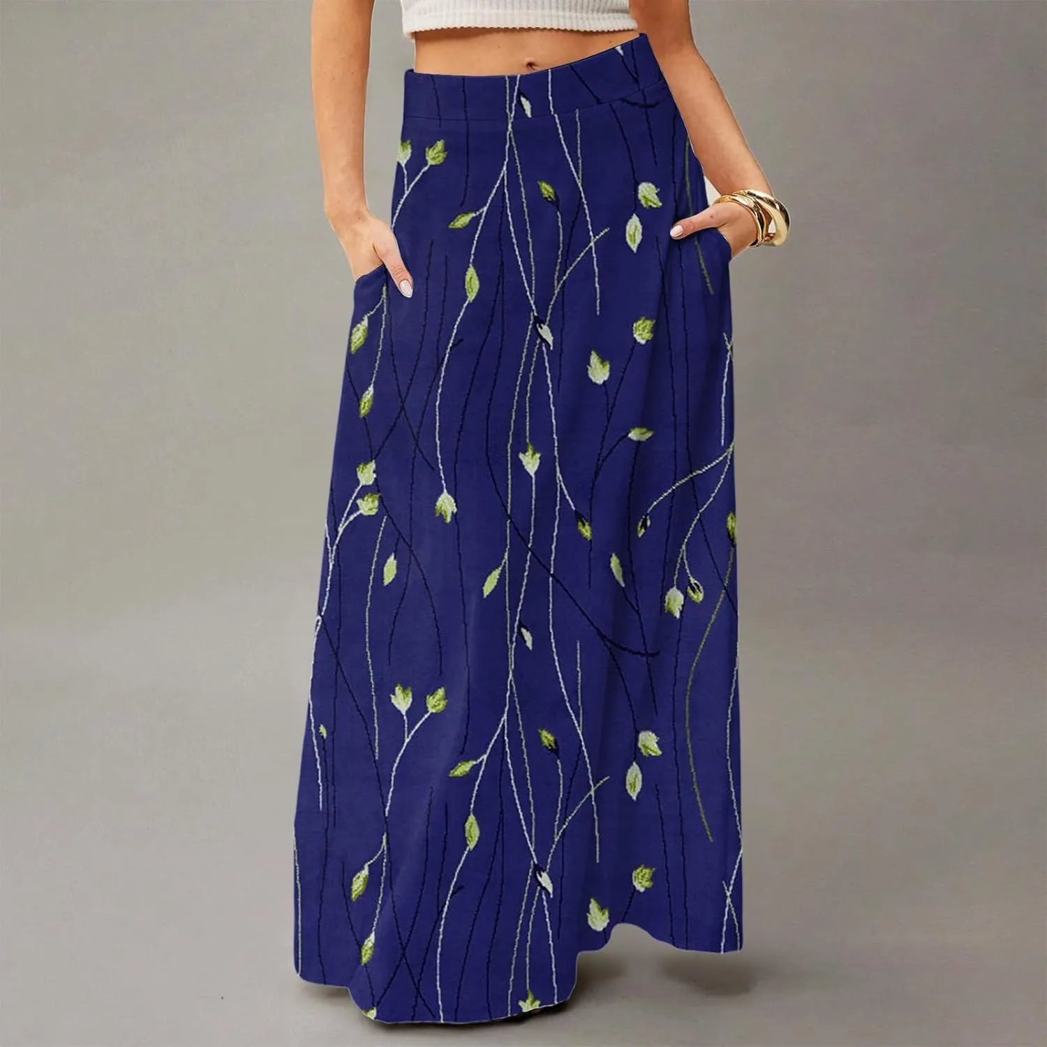 Long Skirts for Women Trendy Boho High Waisted Maxi Skirts with Pockets Floral Flowy Beach Vacation A Line Skirt