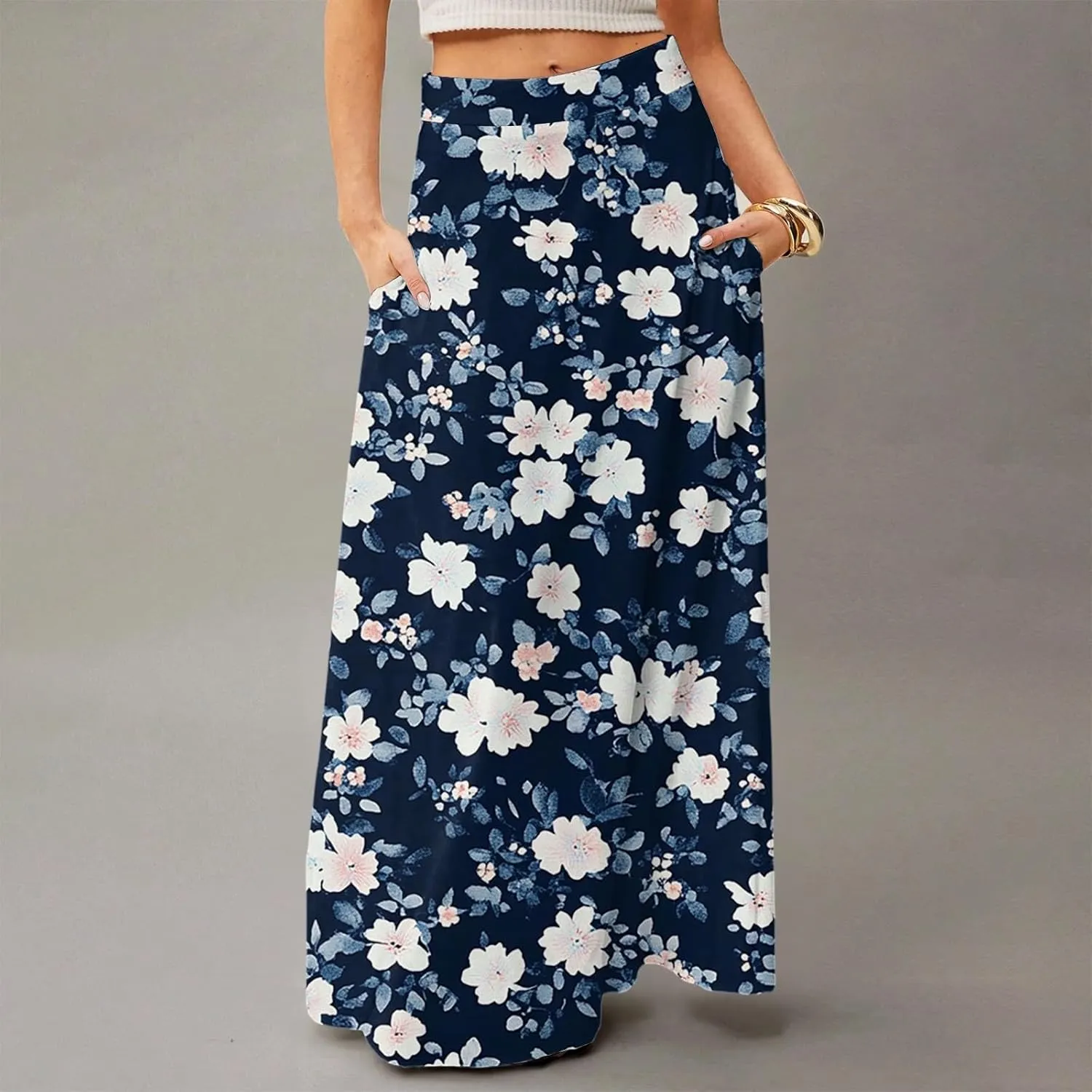 Long Skirts for Women Trendy Boho High Waisted Maxi Skirts with Pockets Floral Flowy Beach Vacation A Line Skirt