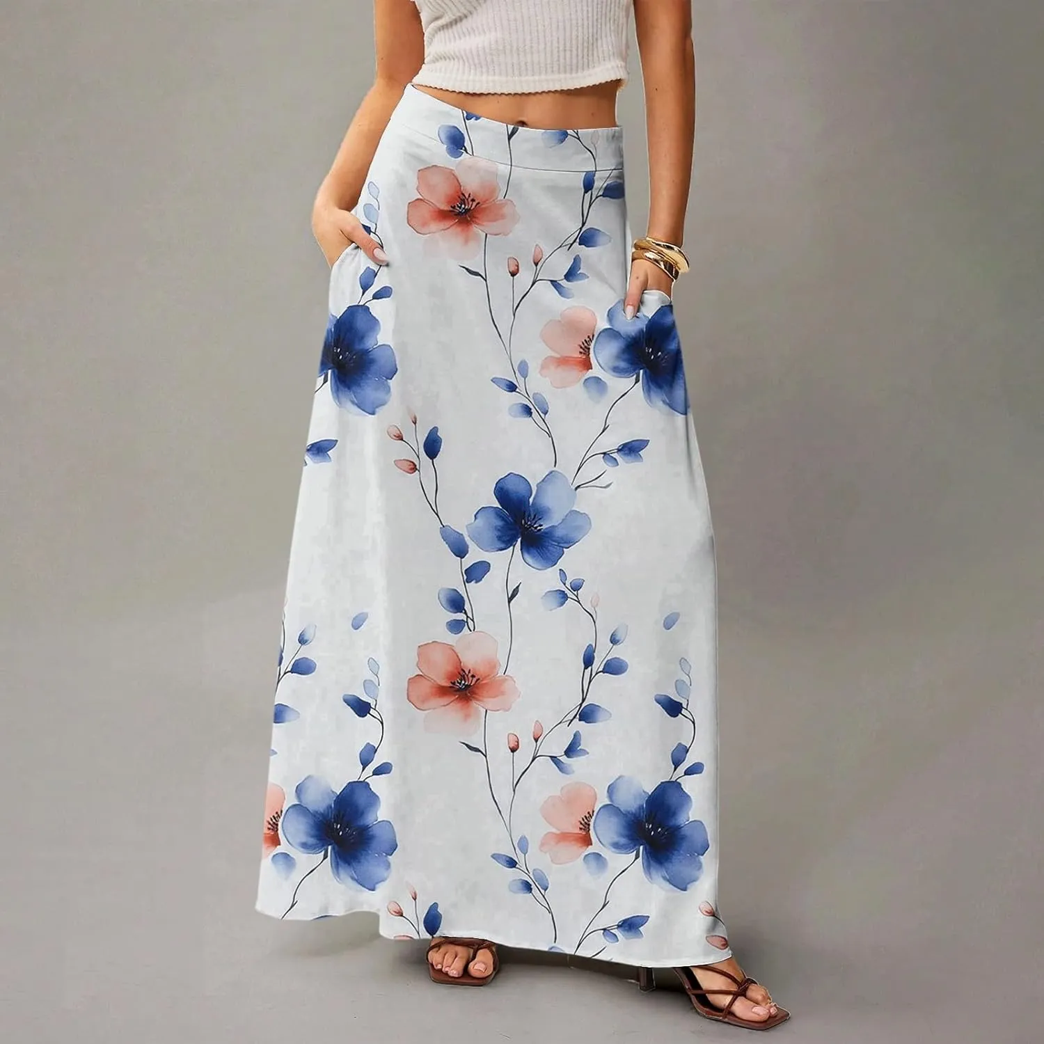 Long Skirts for Women Trendy Boho High Waisted Maxi Skirts with Pockets Floral Flowy Beach Vacation A Line Skirt
