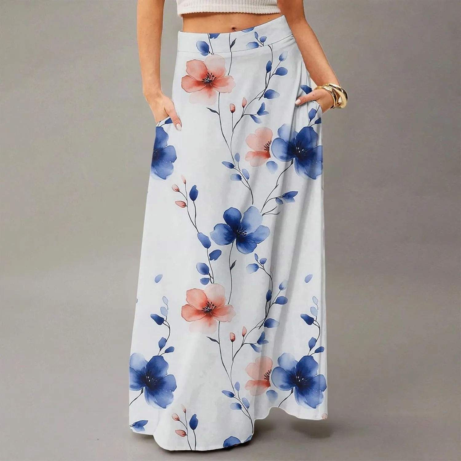 Long Skirts for Women Trendy Boho High Waisted Maxi Skirts with Pockets Floral Flowy Beach Vacation A Line Skirt