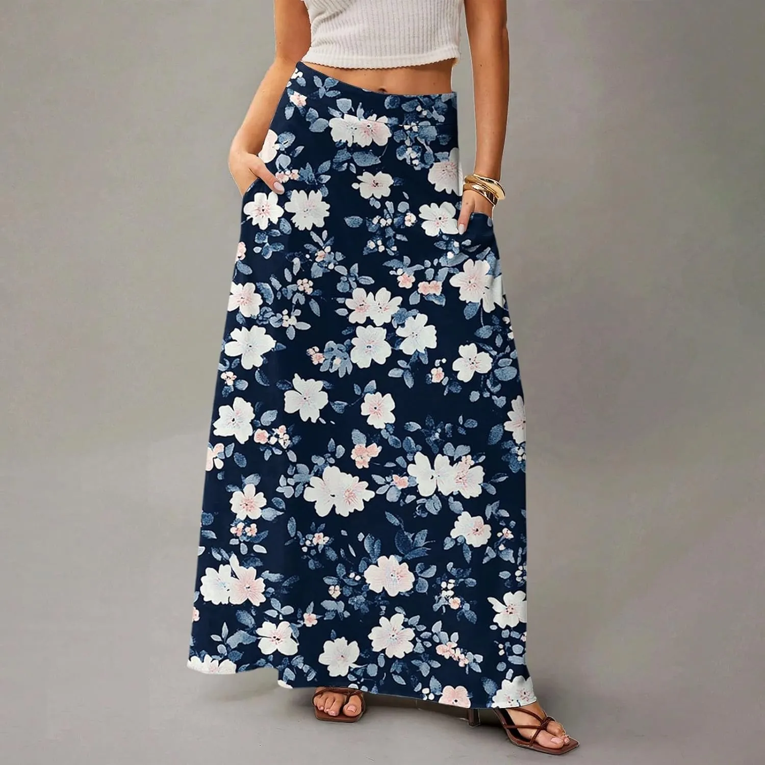 Long Skirts for Women Trendy Boho High Waisted Maxi Skirts with Pockets Floral Flowy Beach Vacation A Line Skirt