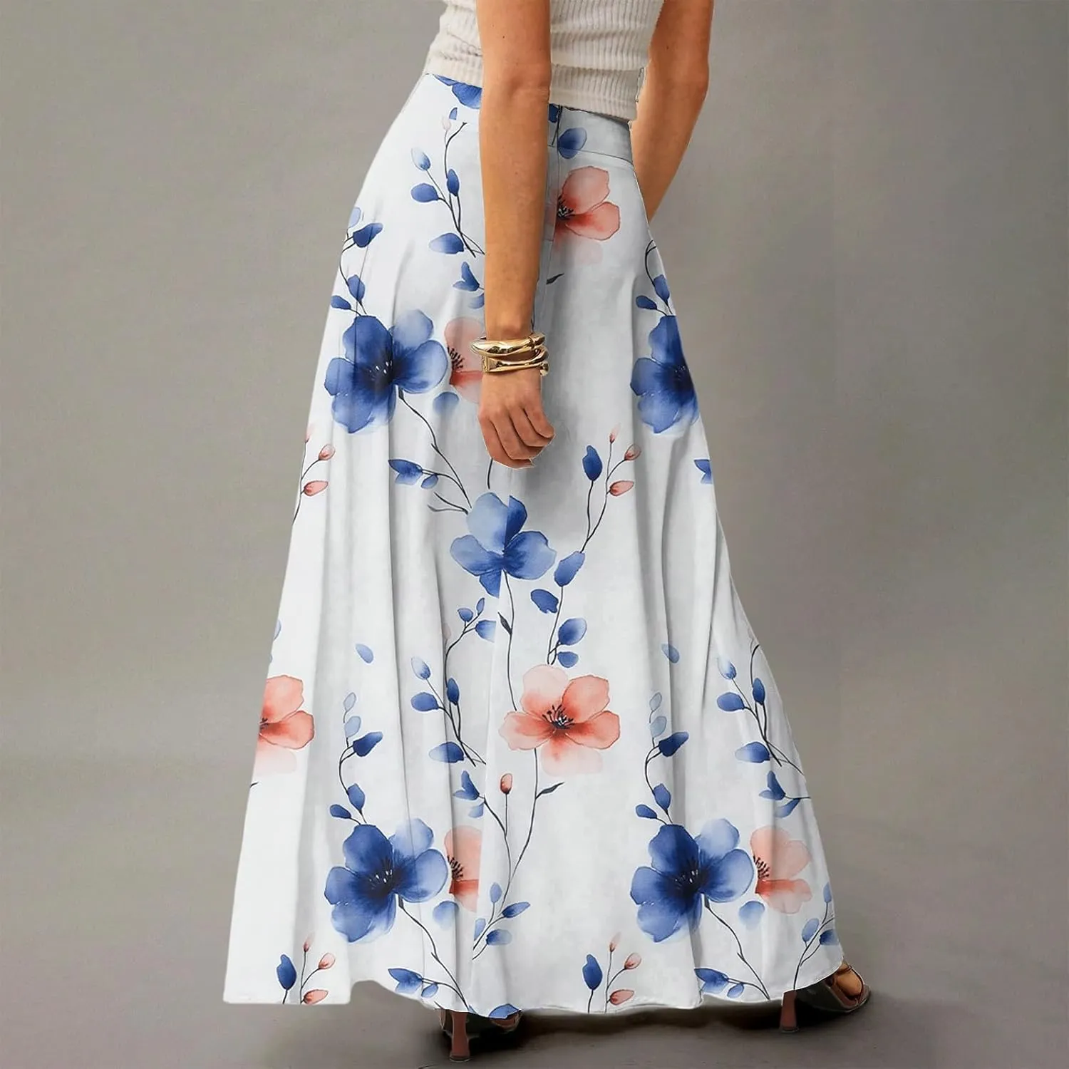 Long Skirts for Women Trendy Boho High Waisted Maxi Skirts with Pockets Floral Flowy Beach Vacation A Line Skirt