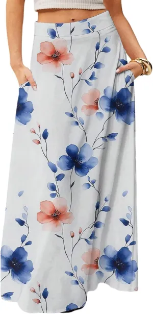 Long Skirts for Women Trendy Boho High Waisted Maxi Skirts with Pockets Floral Flowy Beach Vacation A Line Skirt