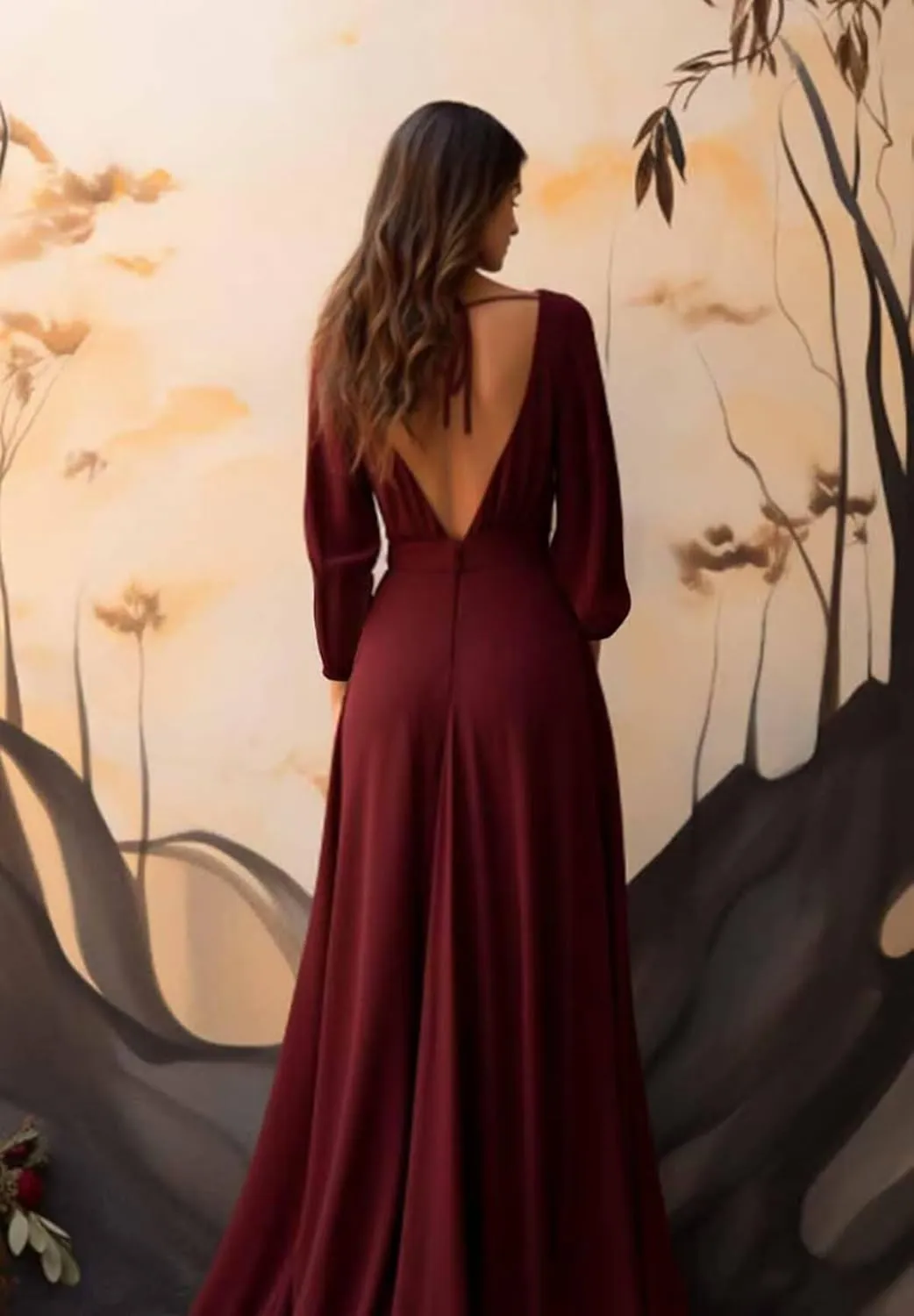 Long Sleeve Bridesmaid Dresses for Wedding Chiffon Deep V Neck Formal Dresses for Women with Slit