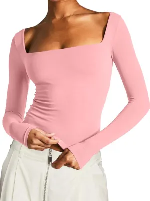 Long Sleeve T Shirt Women - Square Neck Going Out Tops Double Lined Tight Shirt Y2K Crop Top Slim Fit