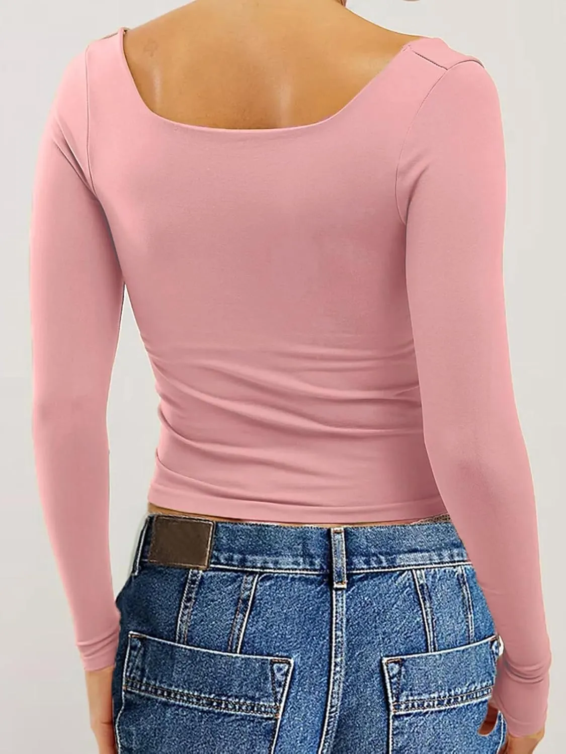 Long Sleeve T Shirt Women - Square Neck Going Out Tops Double Lined Tight Shirt Y2K Crop Top Slim Fit