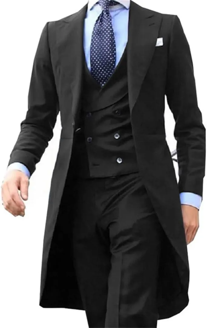 Long Tail Blazer 3 Pieces Male Suit Men's Groom Tuxedo Prom Jacket Vest with Pants