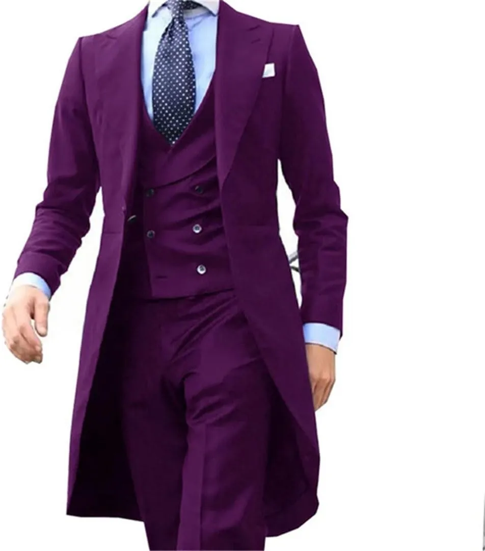 Long Tail Blazer 3 Pieces Male Suit Men's Groom Tuxedo Prom Jacket Vest with Pants
