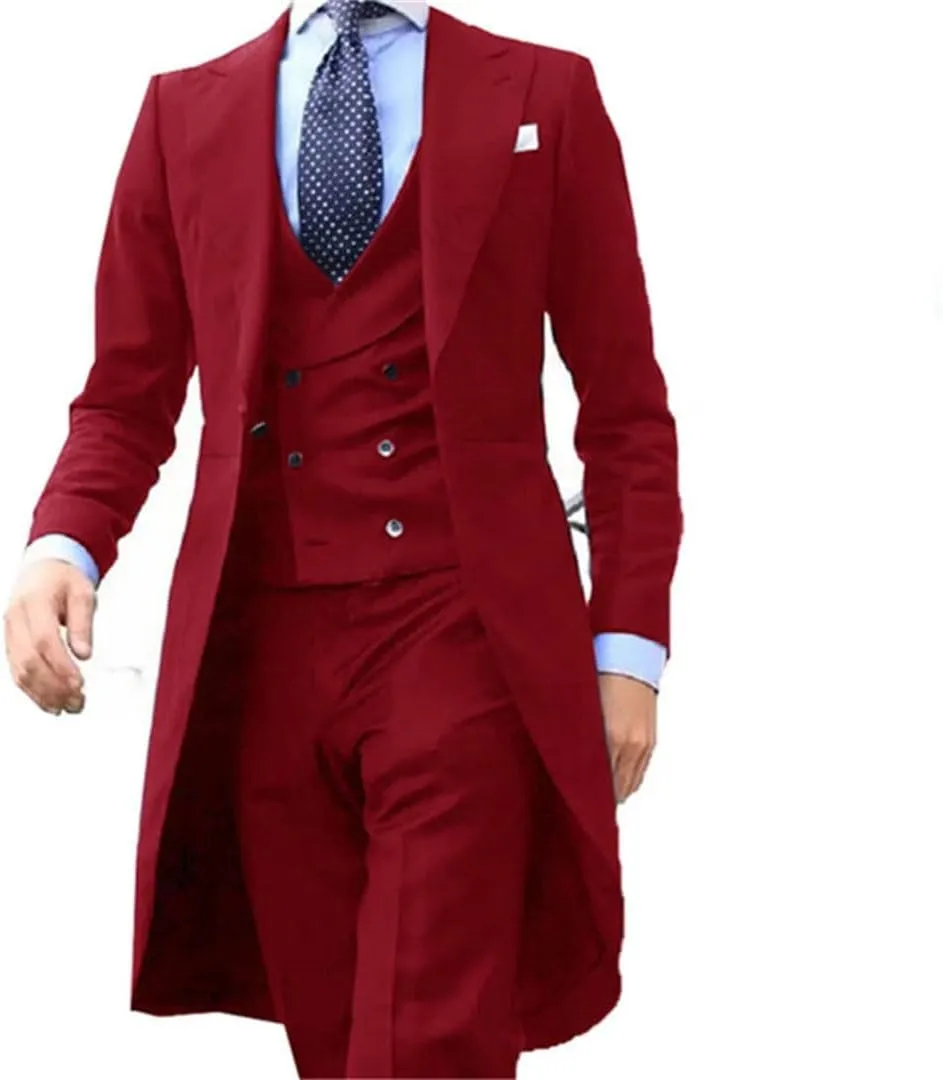 Long Tail Blazer 3 Pieces Male Suit Men's Groom Tuxedo Prom Jacket Vest with Pants