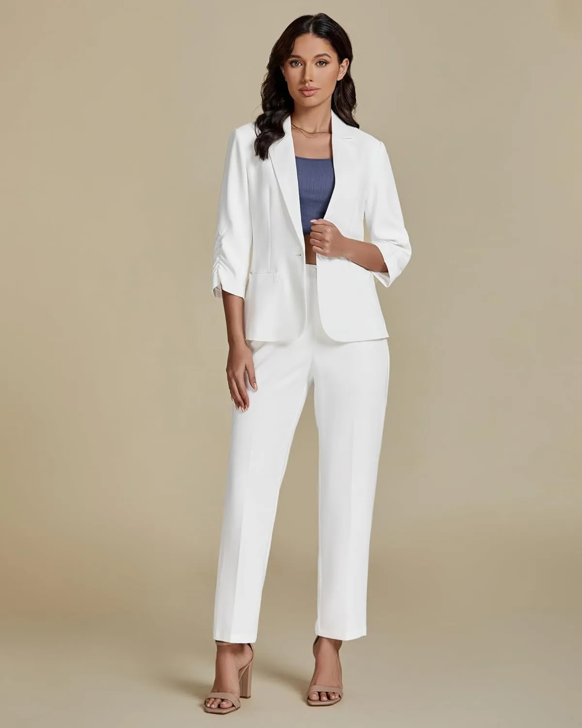 luvamia Pant Suits for Women Dressy 2 Piece Business Casual Outfits 3/4 Sleeve Blazer Straight Leg Pant Sets Office Work