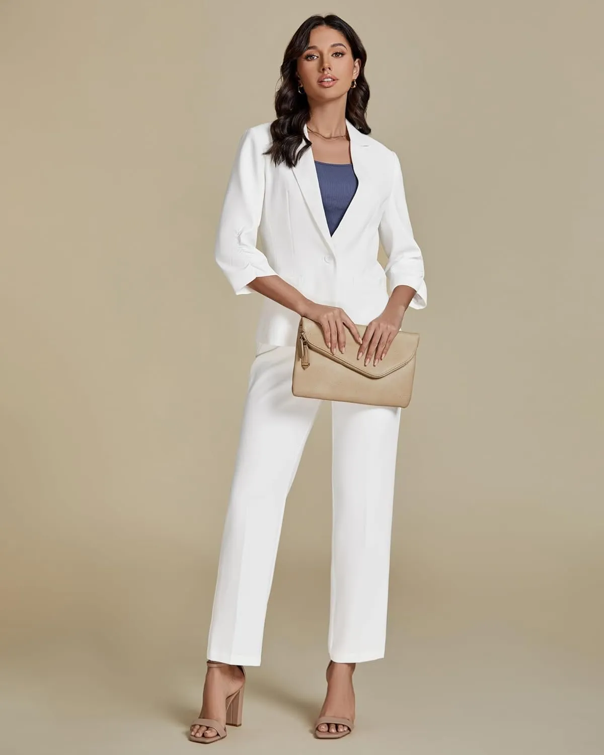 luvamia Pant Suits for Women Dressy 2 Piece Business Casual Outfits 3/4 Sleeve Blazer Straight Leg Pant Sets Office Work