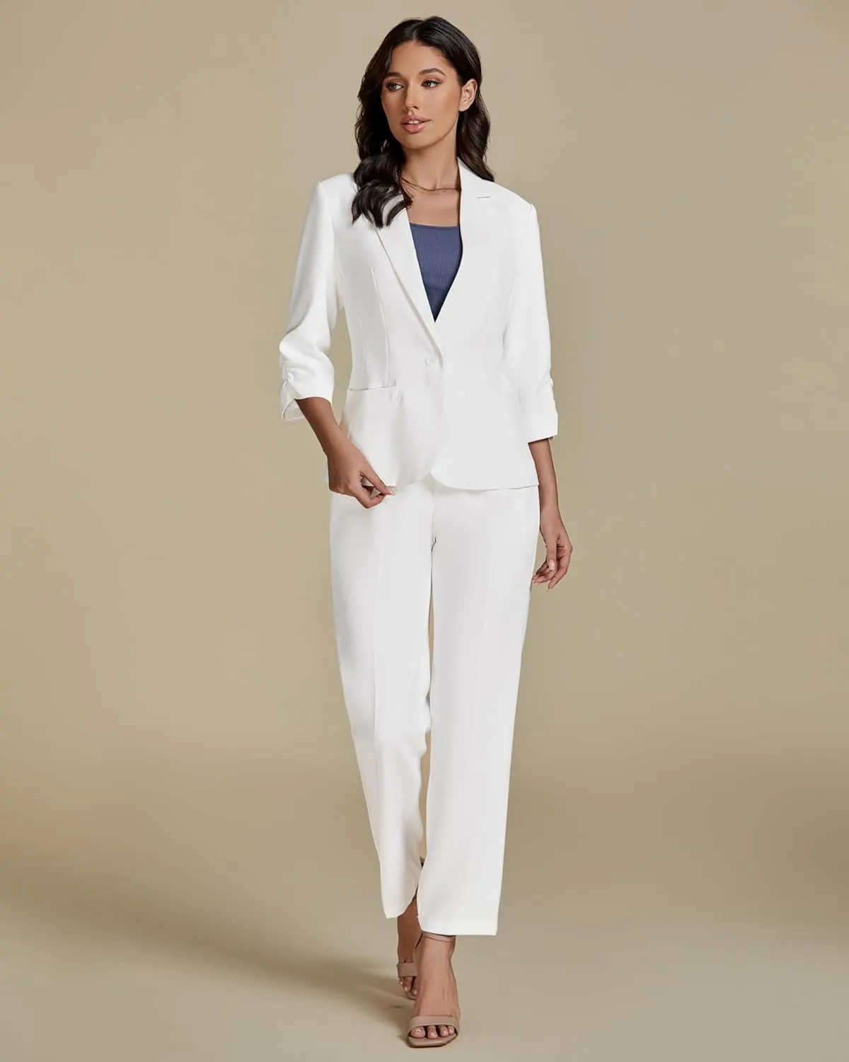 luvamia Pant Suits for Women Dressy 2 Piece Business Casual Outfits 3/4 Sleeve Blazer Straight Leg Pant Sets Office Work