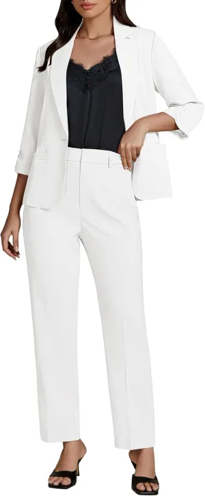 luvamia Pant Suits for Women Dressy 2 Piece Business Casual Outfits 3/4 Sleeve Blazer Straight Leg Pant Sets Office Work