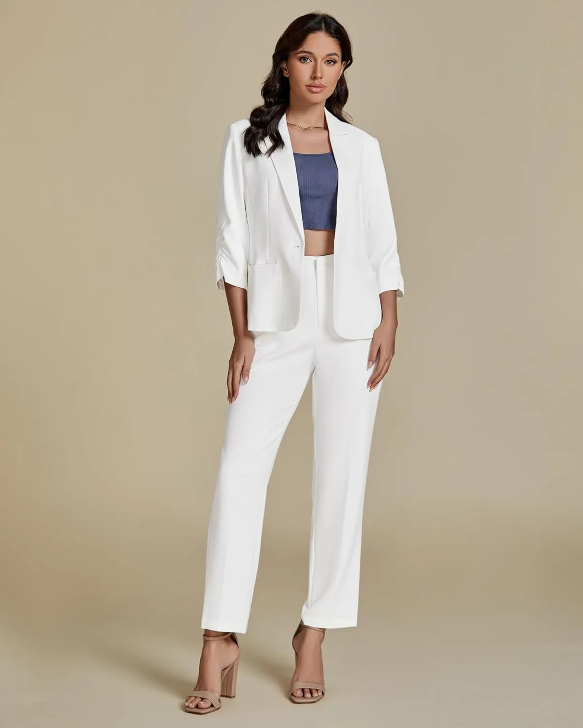 luvamia Pant Suits for Women Dressy 2 Piece Business Casual Outfits 3/4 Sleeve Blazer Straight Leg Pant Sets Office Work