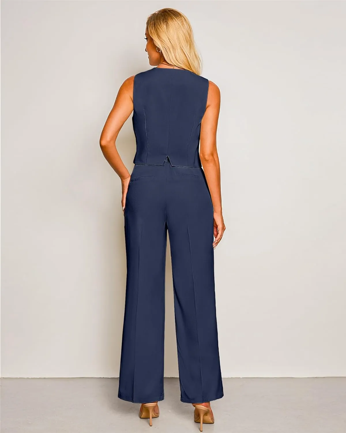 luvamia Pant Suits for Women Dressy Casual 2 Piece Sets Sleeveless Blazer Vest with High Rise Wide Leg Pants Work Office