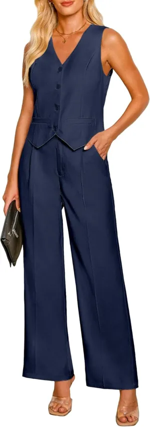 luvamia Pant Suits for Women Dressy Casual 2 Piece Sets Sleeveless Blazer Vest with High Rise Wide Leg Pants Work Office