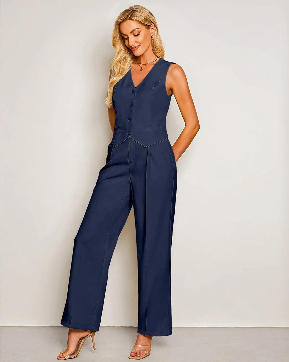 luvamia Pant Suits for Women Dressy Casual 2 Piece Sets Sleeveless Blazer Vest with High Rise Wide Leg Pants Work Office