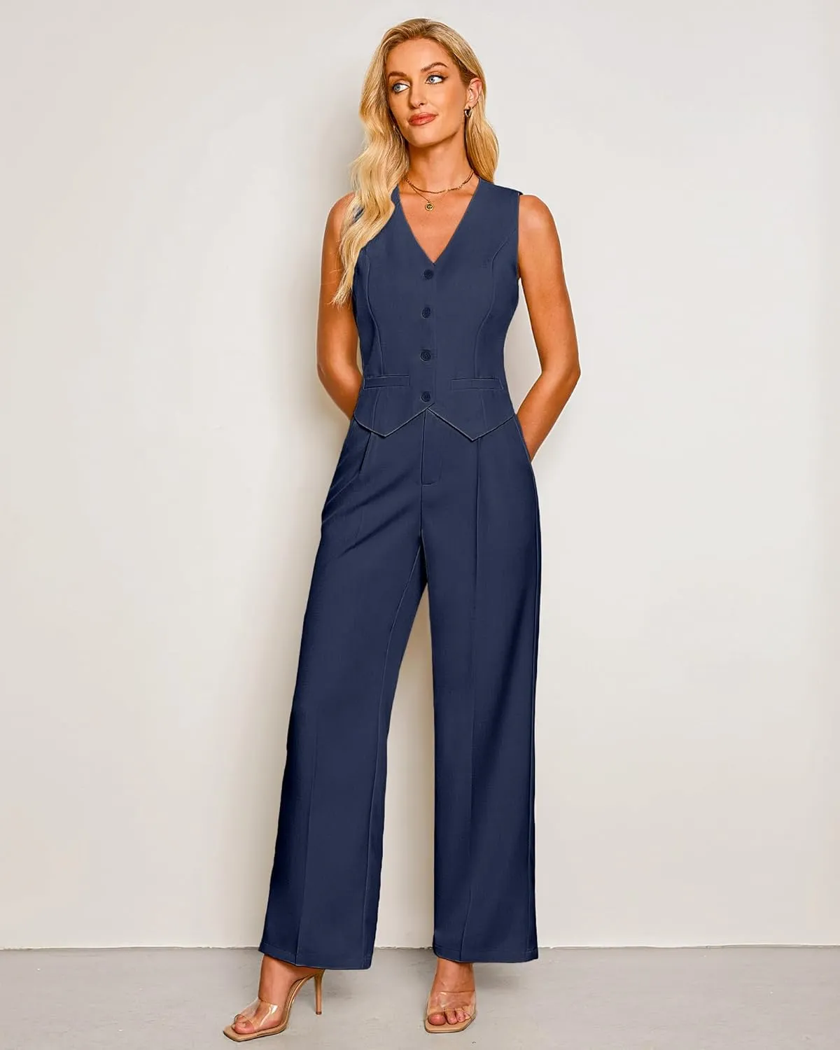 luvamia Pant Suits for Women Dressy Casual 2 Piece Sets Sleeveless Blazer Vest with High Rise Wide Leg Pants Work Office