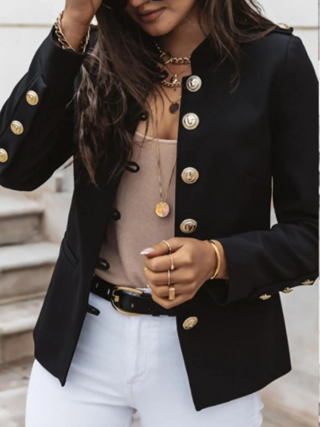 LYANER Women's Mock Neck Long Sleeve Open Front Blazer Casual Buttons Jacket Coat