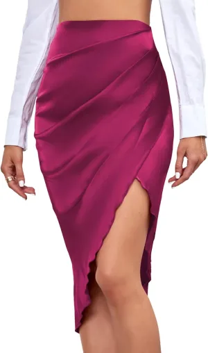 LYANER Women's Satin Skily Asymmetrical Split Slit Ruched Hight Waist Bodycon Midi Skirt