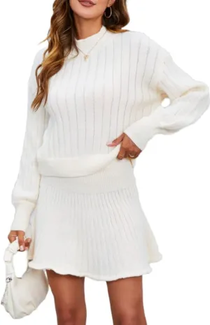 MakeMeChic Women's Sweater Skirt Sets 2 Piece Outfits Ribbed Knit Mock Neck Sweater Pullovers A Line Mini Skirt Set