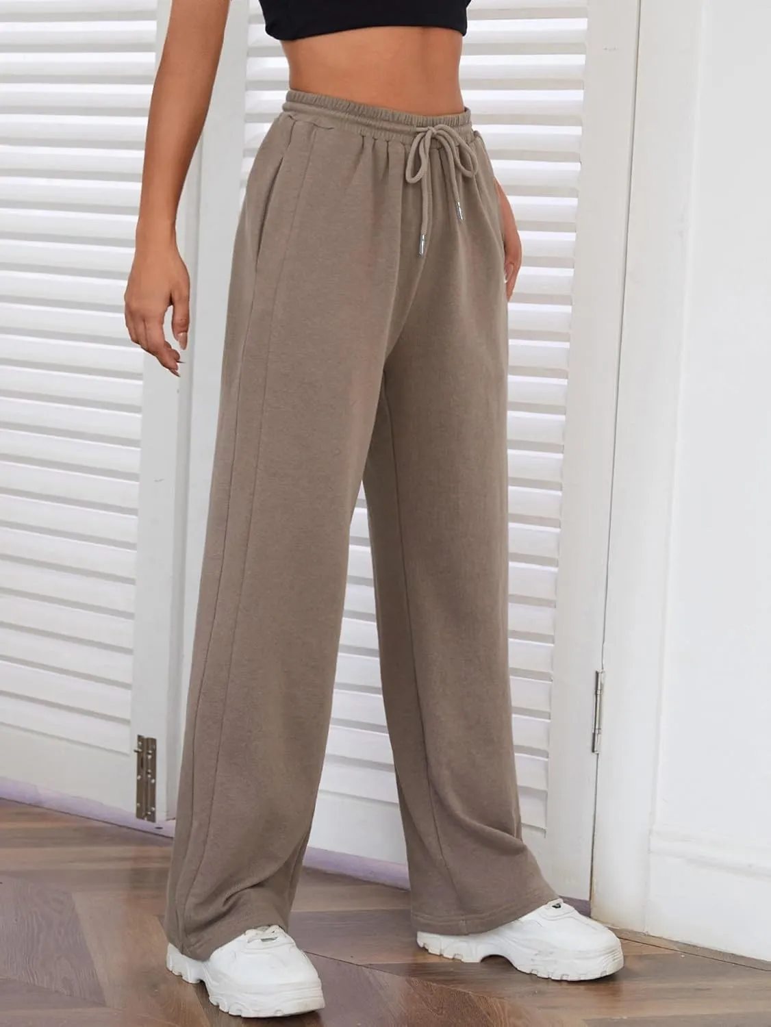 MakeMeChic Women's Wide Leg Sweatpants Drawstring High Waist Straight Leg Casual Loose Baggy Sweatpants Pants