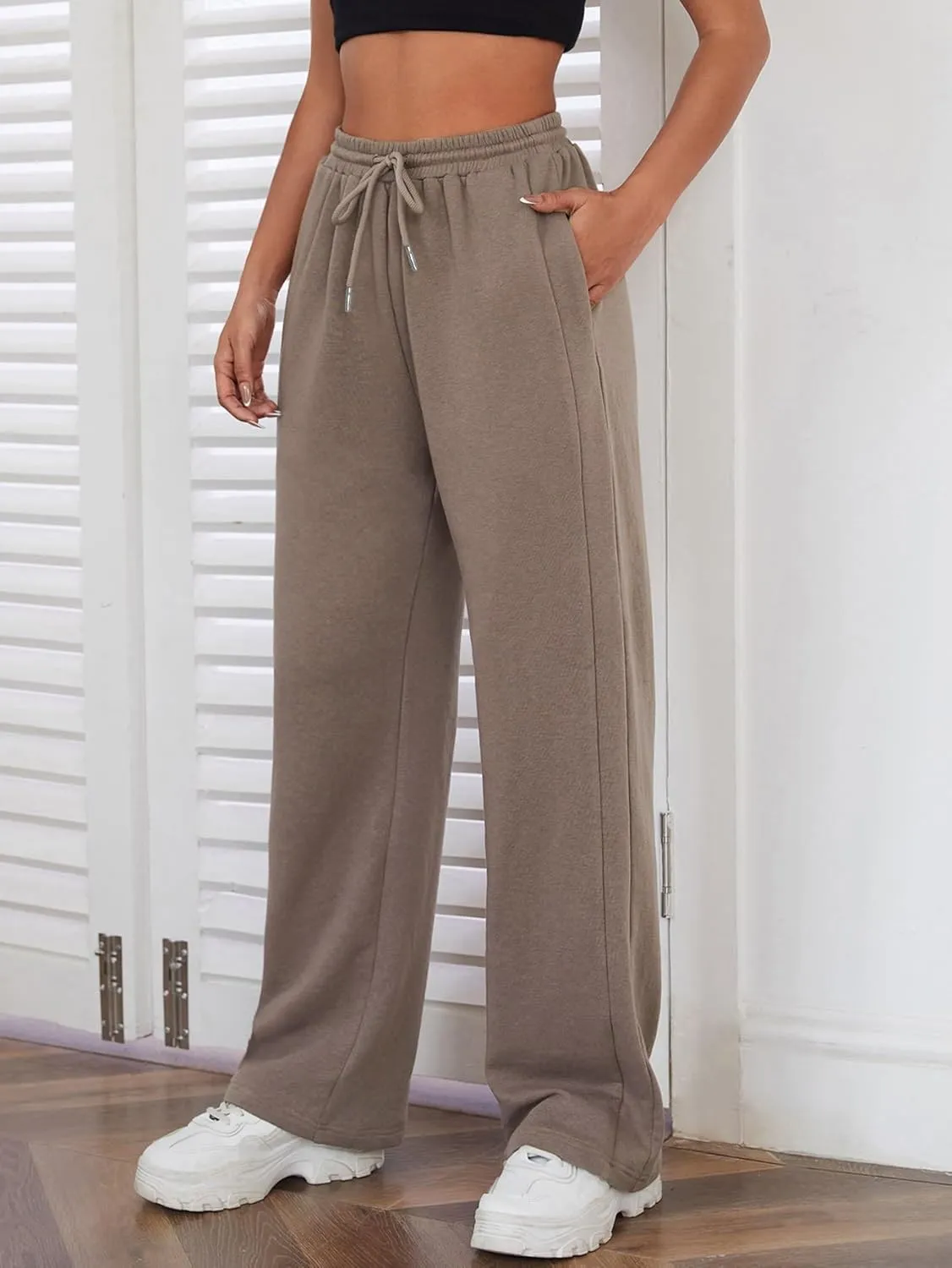 MakeMeChic Women's Wide Leg Sweatpants Drawstring High Waist Straight Leg Casual Loose Baggy Sweatpants Pants