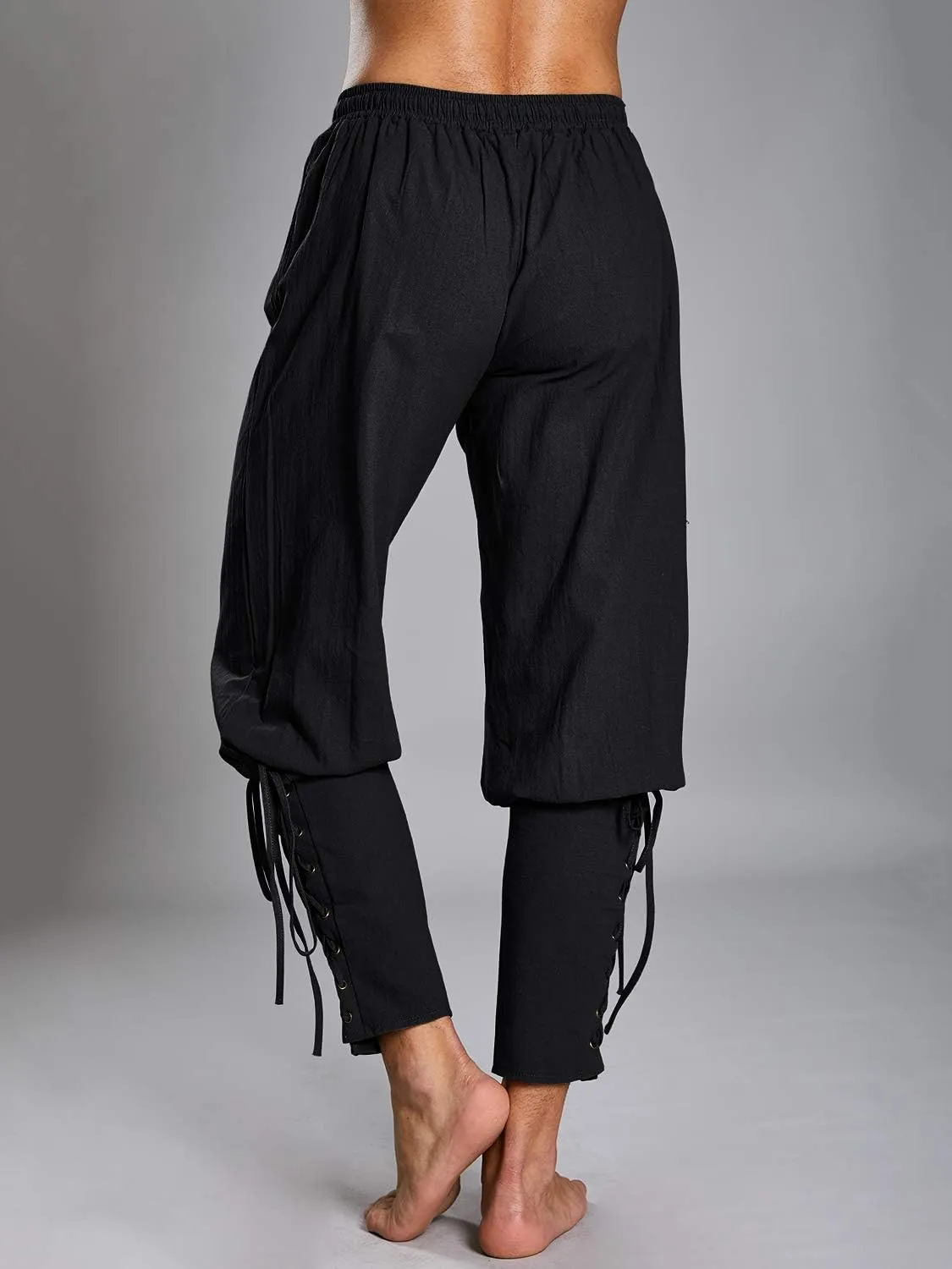Makkrom Mens Medieval Ankle Pants Viking Pirate Costume Lace Up Tapered Banded Renaissance Navigator Halloween Trousers
