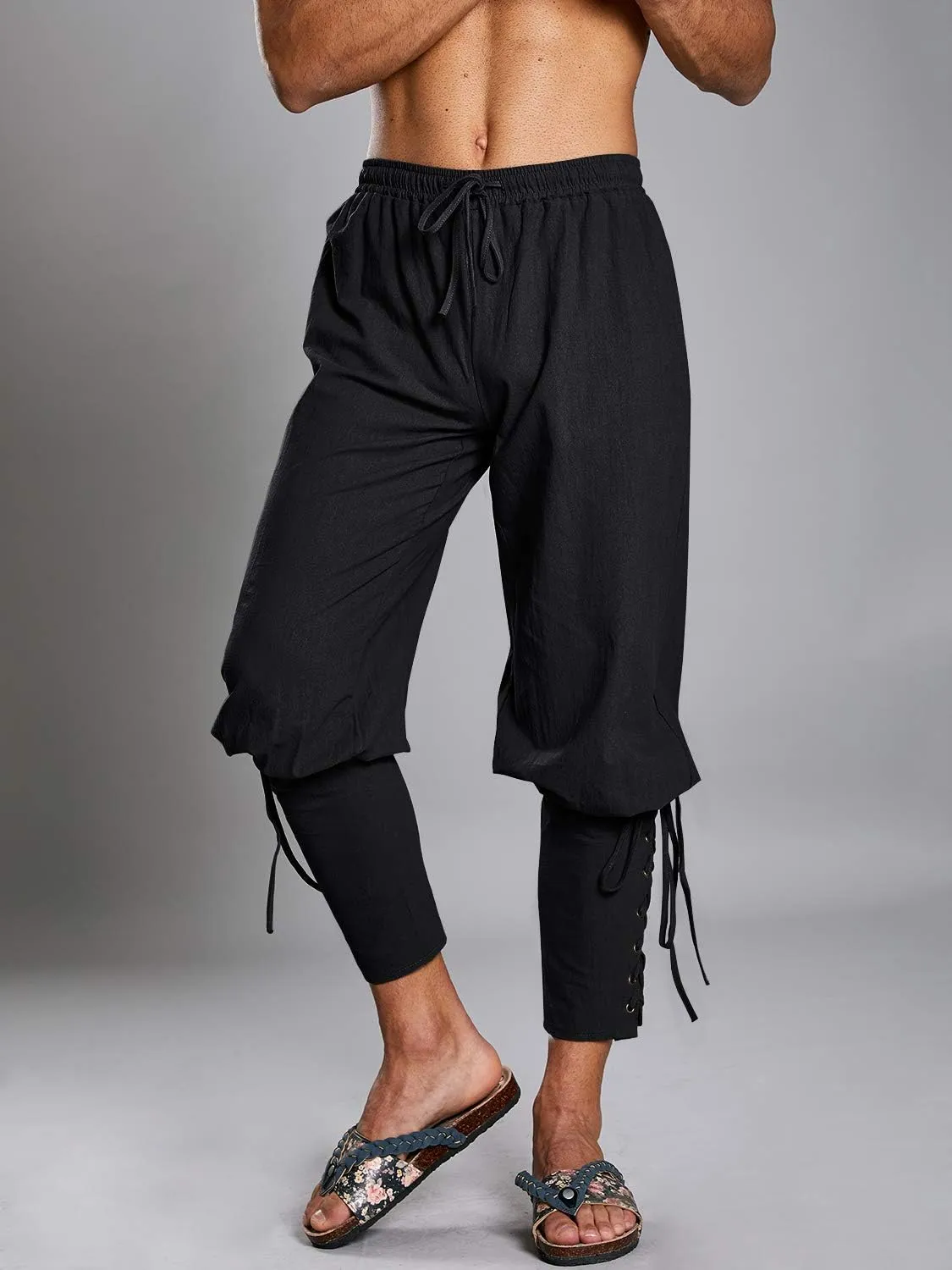 Makkrom Mens Medieval Ankle Pants Viking Pirate Costume Lace Up Tapered Banded Renaissance Navigator Halloween Trousers