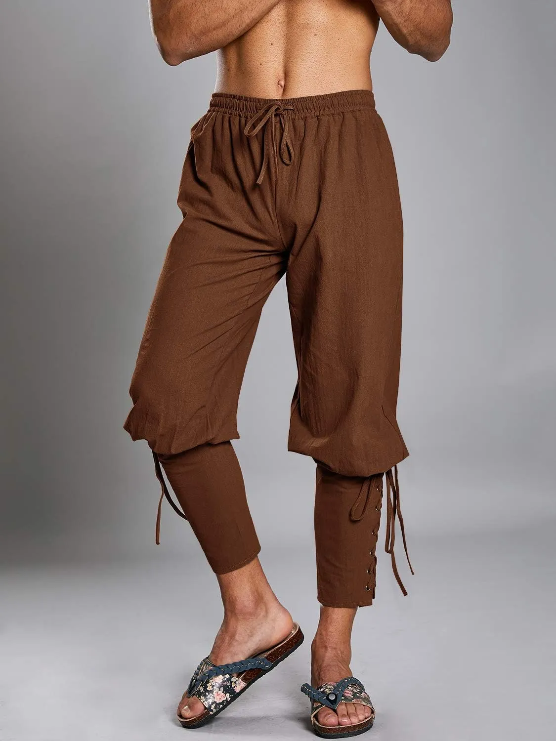 Makkrom Mens Medieval Ankle Pants Viking Pirate Costume Lace Up Tapered Banded Renaissance Navigator Halloween Trousers