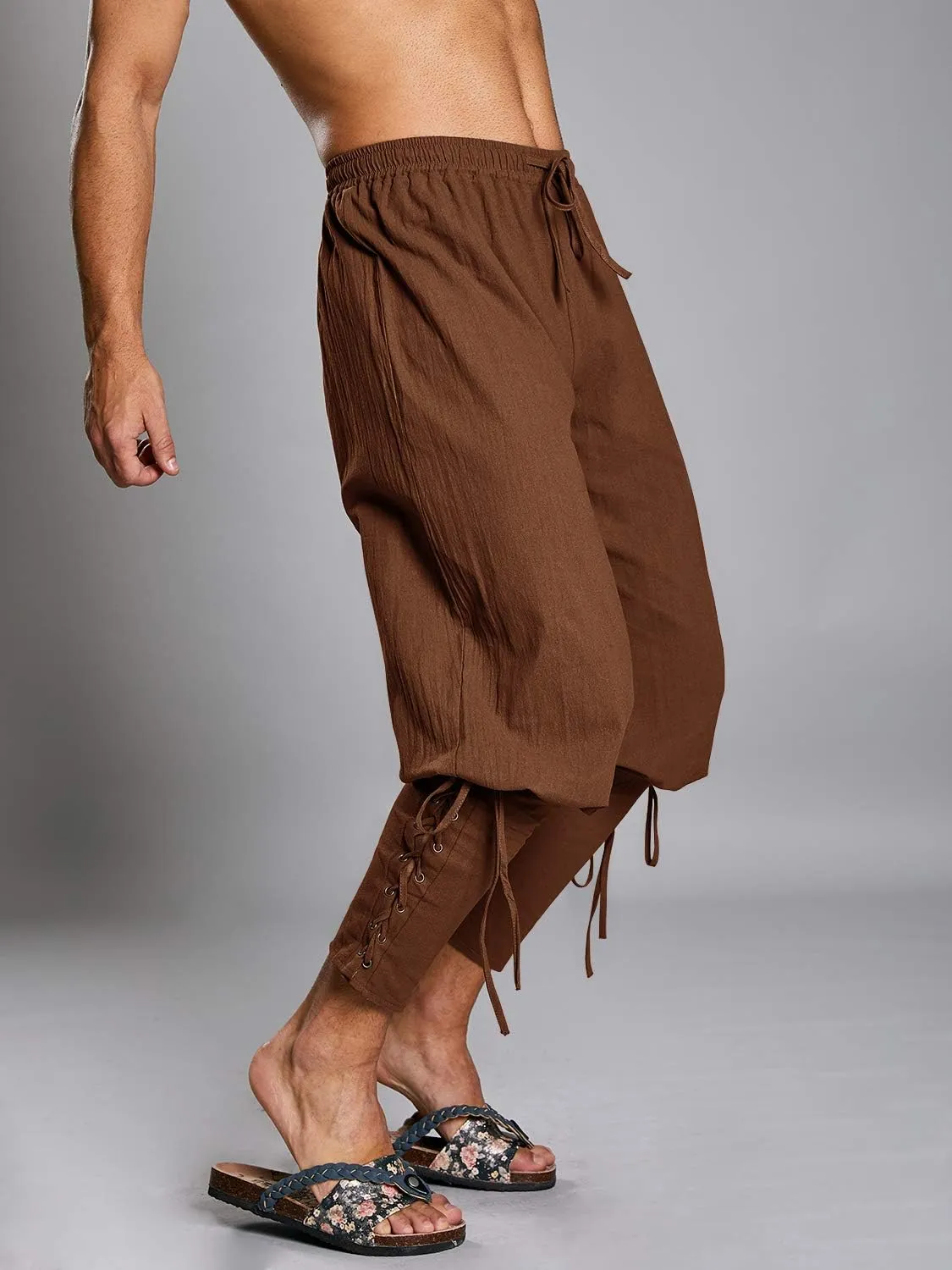 Makkrom Mens Medieval Ankle Pants Viking Pirate Costume Lace Up Tapered Banded Renaissance Navigator Halloween Trousers