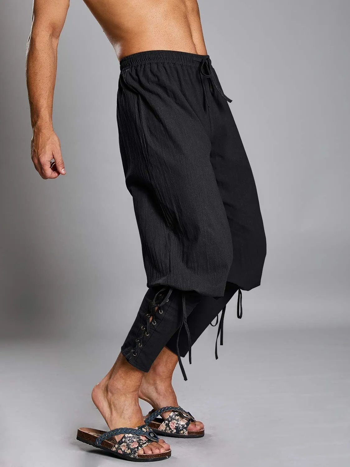 Makkrom Mens Medieval Ankle Pants Viking Pirate Costume Lace Up Tapered Banded Renaissance Navigator Halloween Trousers