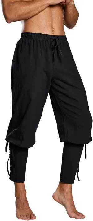Makkrom Mens Medieval Ankle Pants Viking Pirate Costume Lace Up Tapered Banded Renaissance Navigator Halloween Trousers